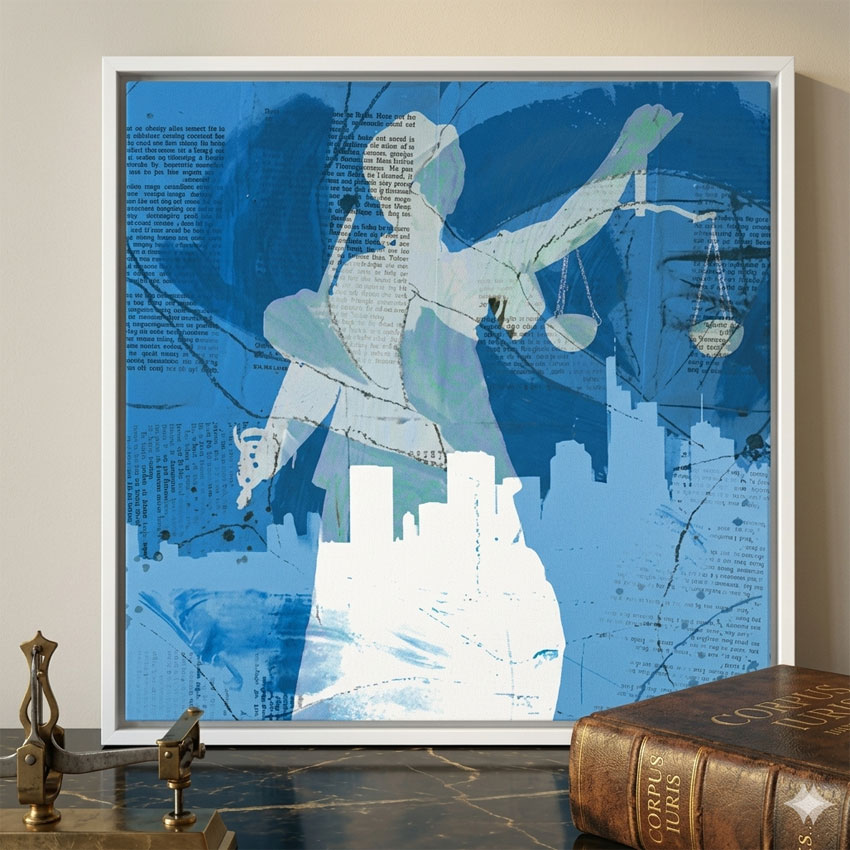 Geschenk Juristen_Justitia blau_gerahmter Leinwanddruck
